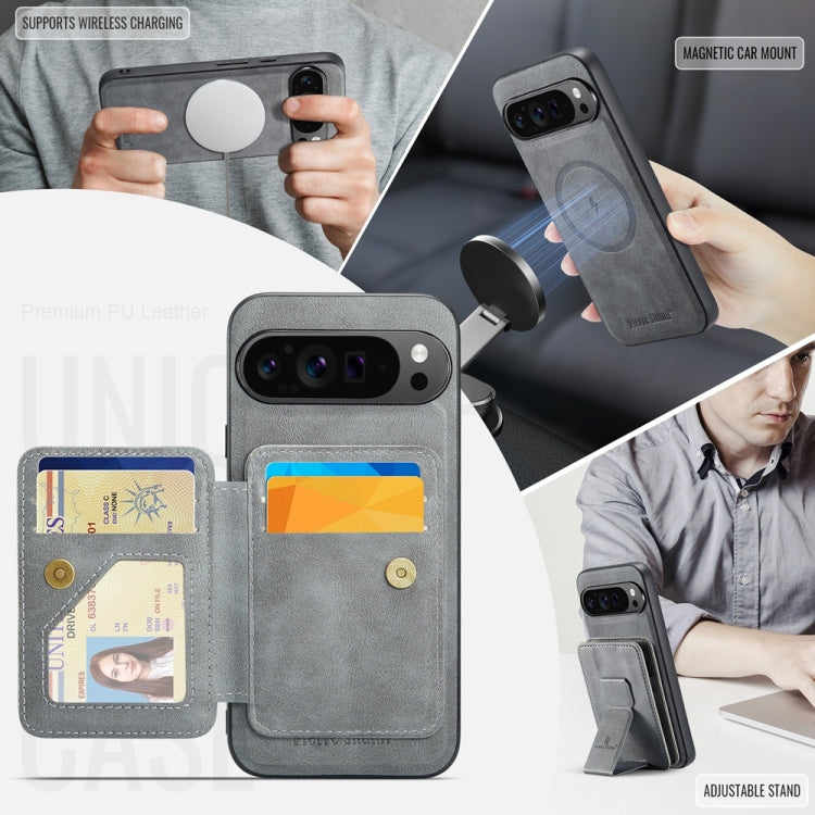 For Google Pixel 9 Pro XL Fierre Shann Cowhide Horizontal Flip Magnetic Card Holder Phone Case(Grey) - Google Cases by FIERRE SHANN | Online Shopping South Africa | PMC TechLife | Buy Now Pay Later Mobicred