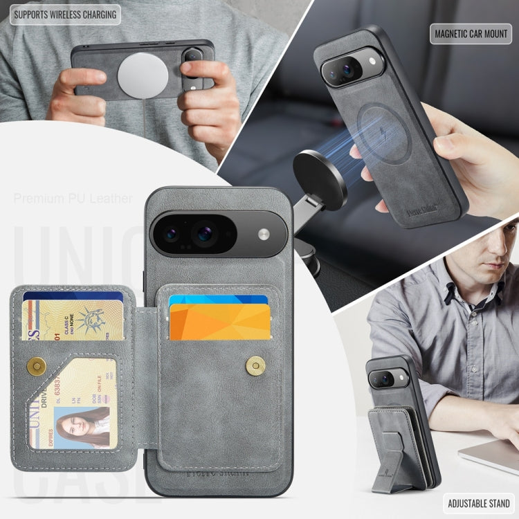 For Google Pixel 9 / 9 Pro Fierre Shann Cowhide Horizontal Flip Magnetic Card Holder Phone Case(Grey) - Google Cases by FIERRE SHANN | Online Shopping South Africa | PMC TechLife | Buy Now Pay Later Mobicred