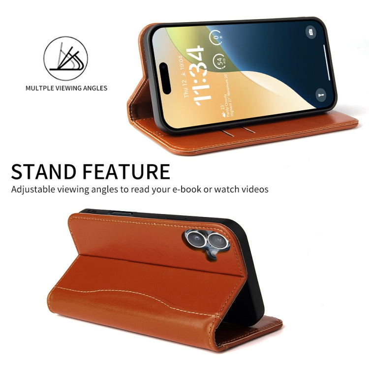 For iPhone 16 Plus Fierre Shann Cowhide Leather Flip Leather Phone Case(Brown) - free shipping - PMC Jewellery - Order now!