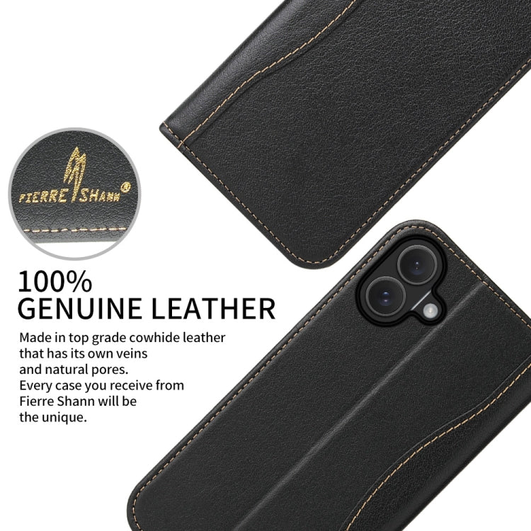 For iPhone 16 Fierre Shann Cowhide Leather Flip Leather Phone Case(Black) - iPhone 16 Cases by FIERRE SHANN | Online Shopping South Africa | PMC Jewellery | Buy Now Pay Later Mobicred