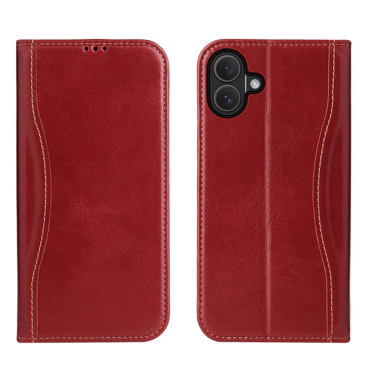 For iPhone 16 Fierre Shann Cowhide Leather Flip Leather Phone Case(Red) - iPhone 16 Cases by FIERRE SHANN | Online Shopping South Africa | PMC Jewellery | Buy Now Pay Later Mobicred