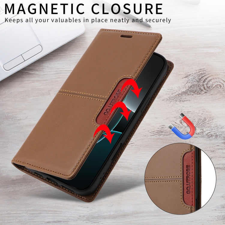 For iPhone 16 GQUTROBE G01 RFID Anti-theft Leather Phone Case(Brown) - iPhone 16 Cases by GQUTROBE | Online Shopping South Africa | PMC Jewellery | Buy Now Pay Later Mobicred