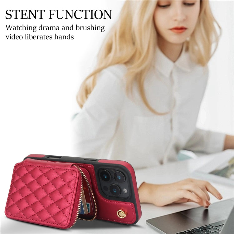 For iPhone 16 Pro Max AwQuer Crossbody Zipper Wallet Rhombic Leather Back Phone Case(Red) - free shipping - PMC Jewellery - Order now!