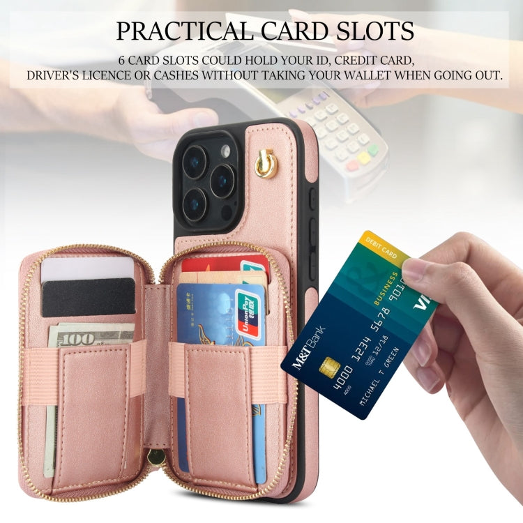 For iPhone 16 Pro Max AwQuer Crossbody Zipper Wallet Rhombic Leather Back Phone Case(Rose Gold) - iPhone 16 Pro Max Cases by Awquer | Online Shopping South Africa | PMC Jewellery | Buy Now Pay Later Mobicred