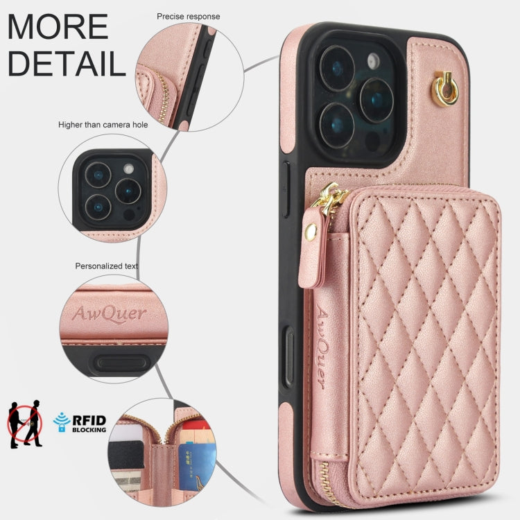 For iPhone 16 Pro AwQuer Crossbody Zipper Wallet Rhombic Leather Back Phone Case(Rose Gold) - iPhone 16 Pro Cases by Awquer | Online Shopping South Africa | PMC Jewellery | Buy Now Pay Later Mobicred