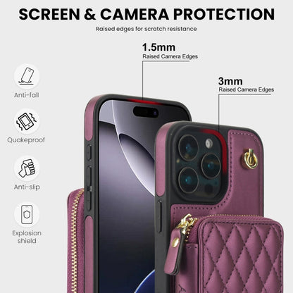 For iPhone 16 Pro AwQuer Crossbody Zipper Wallet Rhombic Leather Back Phone Case(Dark Purple) - iPhone 16 Pro Cases by Awquer | Online Shopping South Africa | PMC Jewellery | Buy Now Pay Later Mobicred