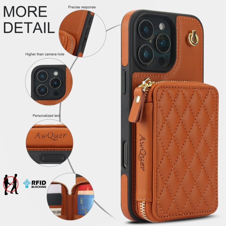 For iPhone 16 Pro AwQuer Crossbody Zipper Wallet Rhombic Leather Back Phone Case(Brown) - iPhone 16 Pro Cases by Awquer | Online Shopping South Africa | PMC Jewellery | Buy Now Pay Later Mobicred