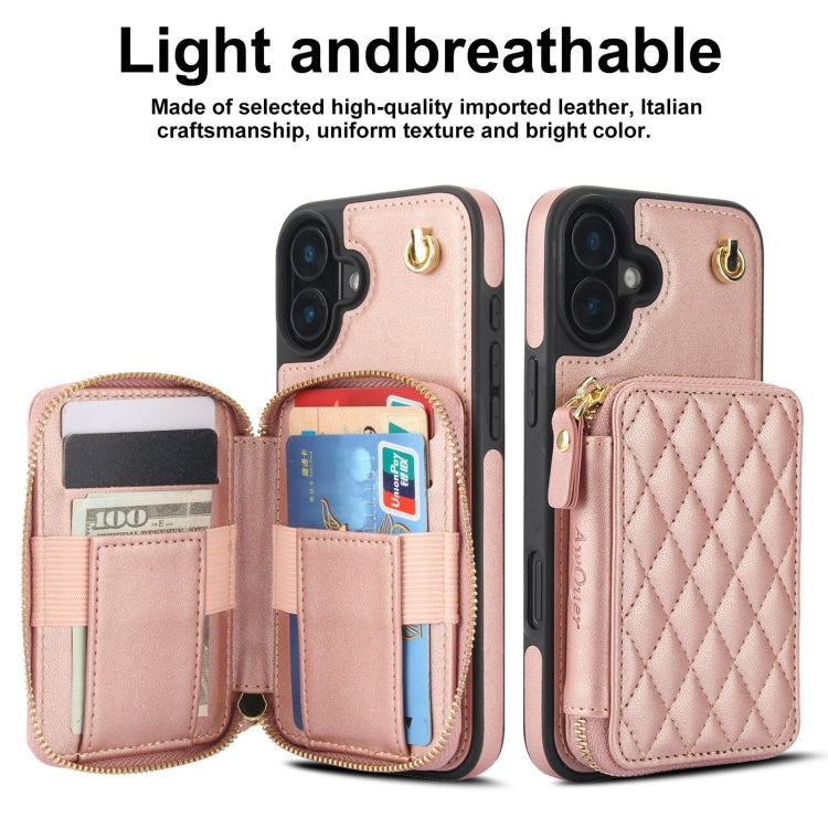 For iPhone 16 Plus AwQuer Crossbody Zipper Wallet Rhombic Leather Back Phone Case(Rose Gold) - iPhone 16 Plus Cases by Awquer | Online Shopping South Africa | PMC Jewellery | Buy Now Pay Later Mobicred