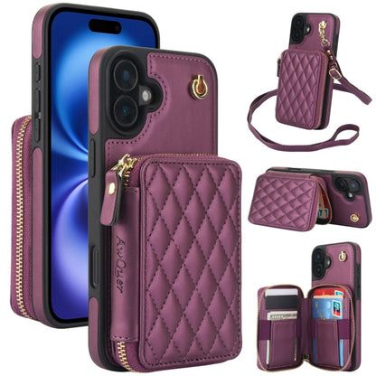 For iPhone 16 Plus AwQuer Crossbody Zipper Wallet Rhombic Leather Back Phone Case(Dark Purple) - iPhone 16 Plus Cases by Awquer | Online Shopping South Africa | PMC Jewellery | Buy Now Pay Later Mobicred