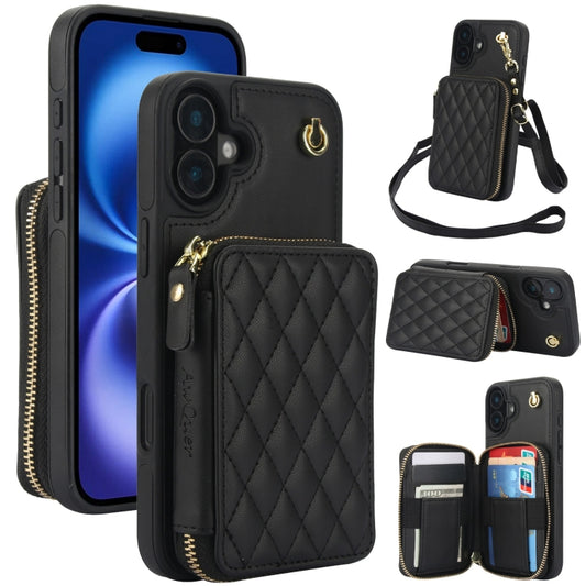 For iPhone 16 AwQuer Crossbody Zipper Wallet Rhombic Leather Back Phone Case(Black) - iPhone 16 Cases by Awquer | Online Shopping South Africa | PMC Jewellery | Buy Now Pay Later Mobicred