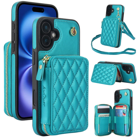 For iPhone 16 AwQuer Crossbody Zipper Wallet Rhombic Leather Back Phone Case(Green) - iPhone 16 Cases by Awquer | Online Shopping South Africa | PMC Jewellery | Buy Now Pay Later Mobicred