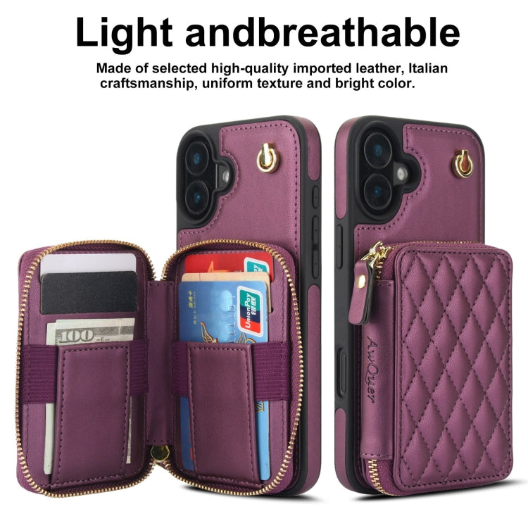 For iPhone 16 AwQuer Crossbody Zipper Wallet Rhombic Leather Back Phone Case(Dark Purple) - iPhone 16 Cases by Awquer | Online Shopping South Africa | PMC Jewellery | Buy Now Pay Later Mobicred