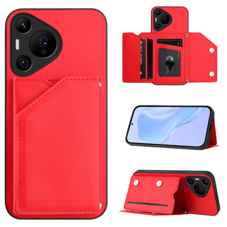 For Huawei Pura 70 Pro Skin Feel Four Card Slots Phone Case with Wrist Strap(Red) - Huawei Cases by PMC Jewellery | Online Shopping South Africa | PMC Jewellery | Buy Now Pay Later Mobicred