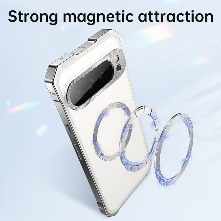 For Google Pixel 9 Irregular Alloy Frame Fosted Translucent MagSafe Phone Case(Black) - Google Cases by PMC TechLife | Online Shopping South Africa | PMC TechLife | Buy Now Pay Later Mobicred