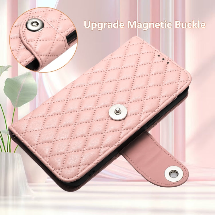 For Doogee N55 Plus Rhombic Texture Flip Leather Phone Case with Lanyard(Coral Pink) - Doogee Cases by PMC TechLife | Online Shopping South Africa | PMC TechLife | Buy Now Pay Later Mobicred