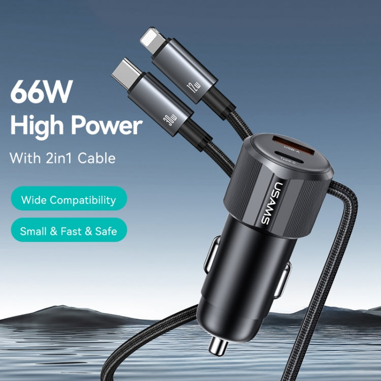 USAMS CC287 YT Series 66W USB and Type-C Dual Ports Car Fast Charger with 2 in 1 Cable(Black) - Car Charger by USAMS | Online Shopping South Africa | PMC Jewellery | Buy Now Pay Later Mobicred