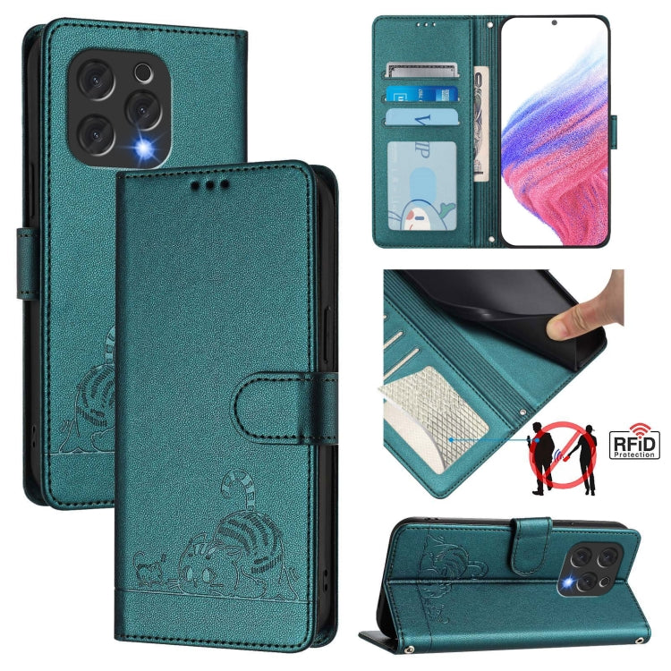 For Doogee N55 Plus Cat Rat Embossed Pattern RFID Leather Phone Case with Lanyard(Peacock Green) - Doogee Cases by PMC TechLife | Online Shopping South Africa | PMC TechLife | Buy Now Pay Later Mobicred