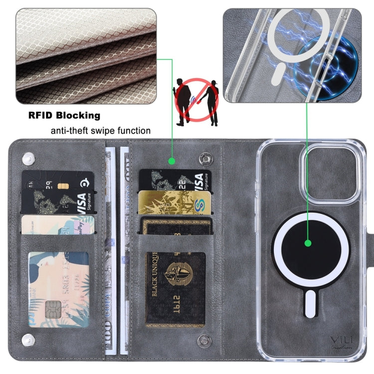 For iPhone 16 Pro ViLi GVS-C Series MagSafe Magnetic RFID Leather Flip Phone Case(Grey) - free shipping - PMC Jewellery - Order now!
