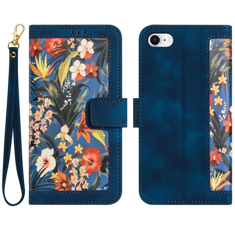 For iPhone 16e Floral Pattern Leather Phone Case with Lanyard(Dark Blue) - iPhone 16e Cases by PMC TechLife | Online Shopping South Africa | PMC TechLife | Buy Now Pay Later Mobicred