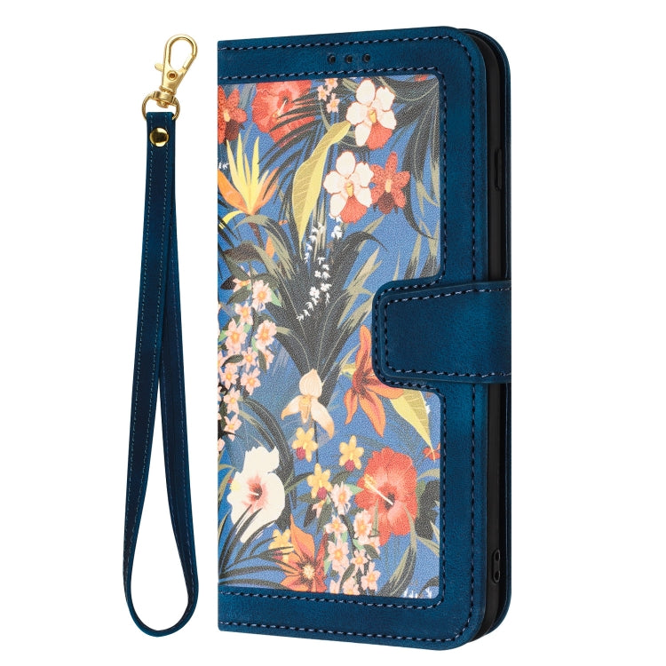 For iPhone 16e Floral Pattern Leather Phone Case with Lanyard(Dark Blue) - iPhone 16e Cases by PMC TechLife | Online Shopping South Africa | PMC TechLife | Buy Now Pay Later Mobicred