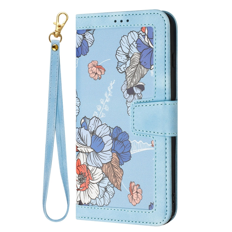 For Samsung Galaxy S25 Ultra 5G Floral Pattern Leather Phone Case with Lanyard(Light Blue) - Galaxy S25 Ultra 5G Cases by PMC Jewellery | Online Shopping South Africa | PMC Jewellery | Buy Now Pay Later Mobicred