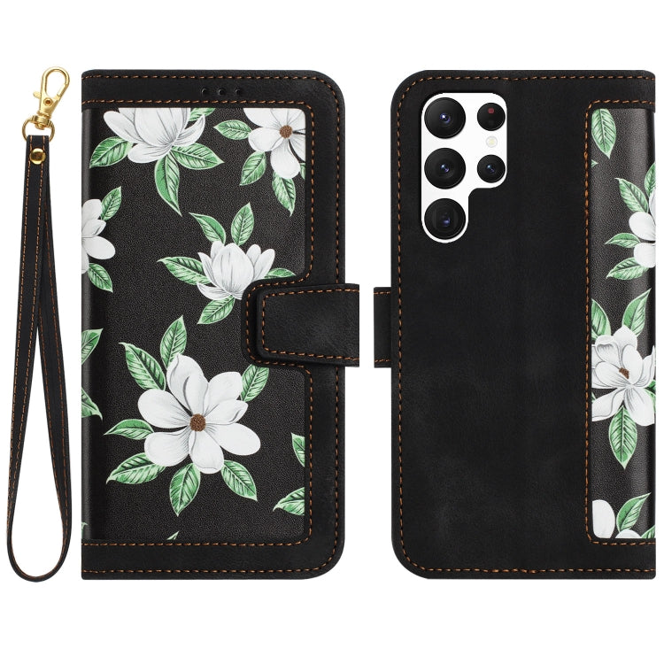 For Samsung Galaxy S25 Ultra 5G Floral Pattern Leather Phone Case with Lanyard(Black) - Galaxy S25 Ultra 5G Cases by PMC Jewellery | Online Shopping South Africa | PMC Jewellery | Buy Now Pay Later Mobicred