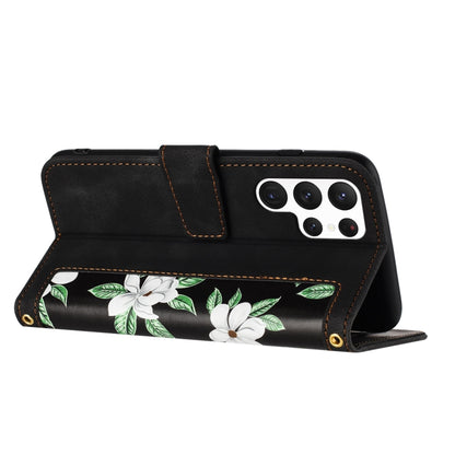 For Samsung Galaxy S25 Ultra 5G Floral Pattern Leather Phone Case with Lanyard(Black) - Galaxy S25 Ultra 5G Cases by PMC Jewellery | Online Shopping South Africa | PMC Jewellery | Buy Now Pay Later Mobicred