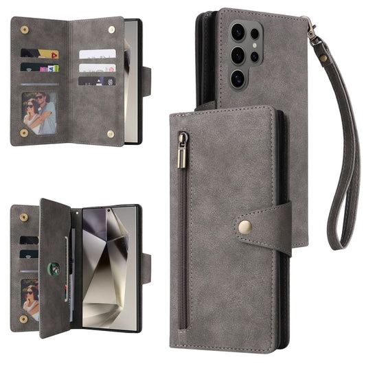 For Samsung Galaxy S25 Ultra 5G Rivet Buckle 9 Cards Three Fold Leather Phone Case(Grey) - Galaxy S25 Ultra 5G Cases by PMC Jewellery | Online Shopping South Africa | PMC Jewellery | Buy Now Pay Later Mobicred