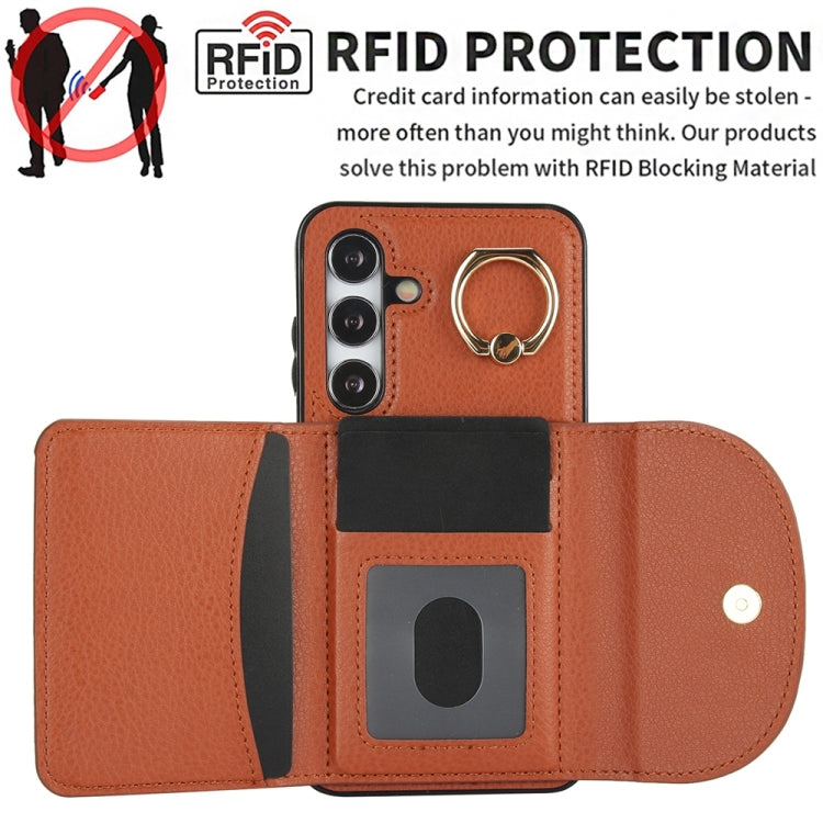 For Samsung Galaxy S25 5G Ring Holder Card Bag Skin Feel Phone Case(Brown) - Galaxy S25 5G Cases by PMC Jewellery | Online Shopping South Africa | PMC Jewellery | Buy Now Pay Later Mobicred