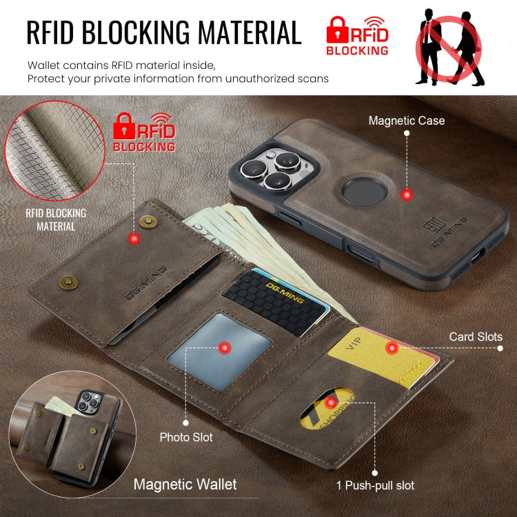 For iPhone 16 Pro Max DG.MING M6 Series RFID Tri-fold Card Bag Removable Leather Phone Case(Coffee) - iPhone 16 Pro Max Cases by DG.MING | Online Shopping South Africa | PMC Jewellery | Buy Now Pay Later Mobicred