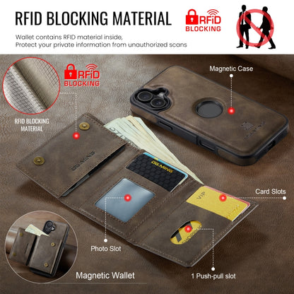 For iPhone 16 Plus DG.MING M6 Series RFID Tri-fold Card Bag Removable Leather Phone Case(Coffee) - iPhone 16 Plus Cases by DG.MING | Online Shopping South Africa | PMC Jewellery | Buy Now Pay Later Mobicred