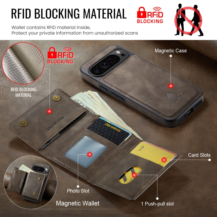 For Google Pixel 9 Pro XL DG.MING M6 Series RFID Tri-fold Card Bag Removable Leather Phone Case(Coffee) - Google Cases by DG.MING | Online Shopping South Africa | PMC TechLife | Buy Now Pay Later Mobicred