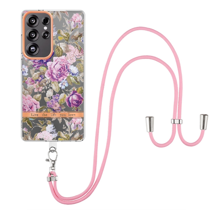 For Samsung Galaxy S25 Ultra 5G Flowers and Plants Series IMD TPU Phone Case with Lanyard(Purple Peony) - Galaxy S25 Ultra 5G Cases by PMC Jewellery | Online Shopping South Africa | PMC Jewellery | Buy Now Pay Later Mobicred