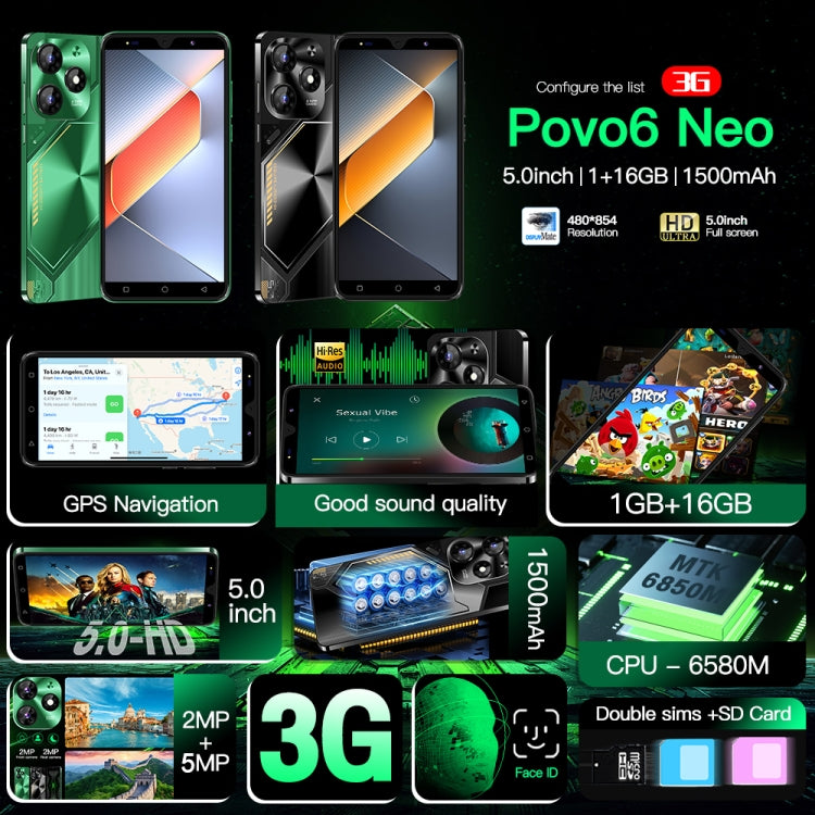 Povo6 Neo / DP29, 1GB+16GB, Face Identification, 5.0 inch Android 8.1 MTK6580M Quad Core, Network: 3G, Dual SIM, Plug:AU Plug(Green) - free shipping - PMc TechLife - Order now!