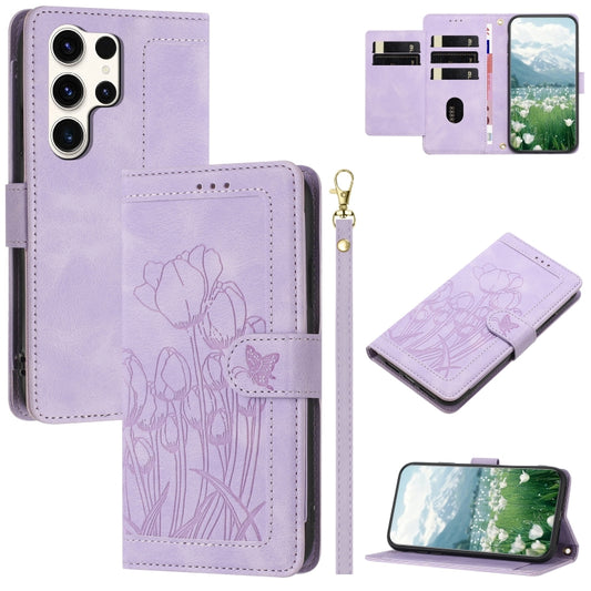 For Samsung Galaxy S25 Ultra 5G Tulips Embossed Leather Phone Case with Lanyard(Purple) - Galaxy S25 Ultra 5G Cases by PMC Jewellery | Online Shopping South Africa | PMC Jewellery | Buy Now Pay Later Mobicred