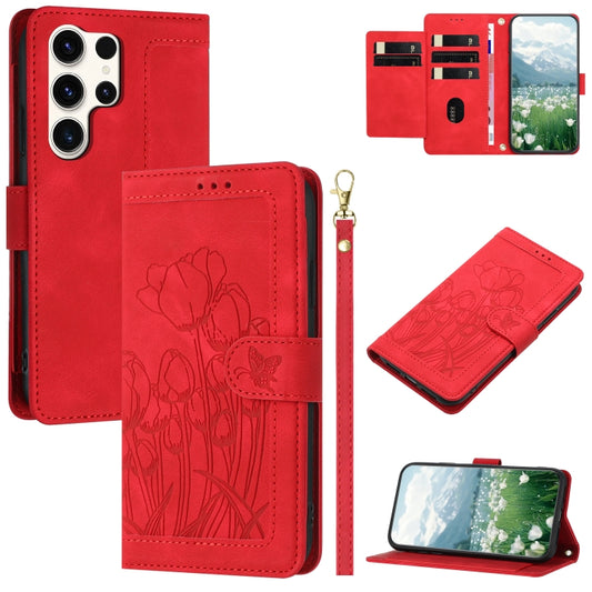 For Samsung Galaxy S25 Ultra 5G Tulips Embossed Leather Phone Case with Lanyard(Red) - Galaxy S25 Ultra 5G Cases by PMC Jewellery | Online Shopping South Africa | PMC Jewellery | Buy Now Pay Later Mobicred