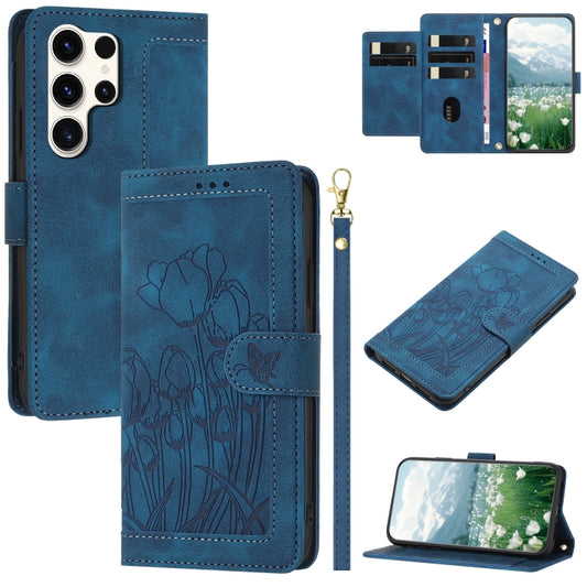 For Samsung Galaxy S25 Ultra 5G Tulips Embossed Leather Phone Case with Lanyard(Blue) - Galaxy S25 Ultra 5G Cases by PMC Jewellery | Online Shopping South Africa | PMC Jewellery | Buy Now Pay Later Mobicred