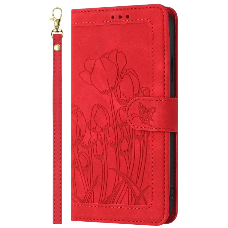 For Samsung Galaxy S25+ 5G Tulips Embossed Leather Phone Case with Lanyard(Red) - Galaxy S25+ 5G Cases by PMC Jewellery | Online Shopping South Africa | PMC Jewellery | Buy Now Pay Later Mobicred