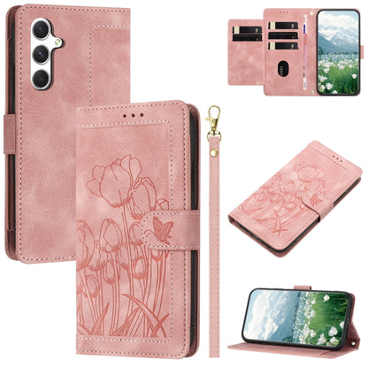 For Samsung Galaxy S25 5G Tulips Embossed Leather Phone Case with Lanyard(Pink) - Galaxy S25 5G Cases by PMC Jewellery | Online Shopping South Africa | PMC Jewellery | Buy Now Pay Later Mobicred