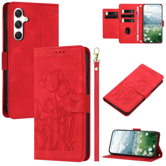 For Samsung Galaxy S25 5G Tulips Embossed Leather Phone Case with Lanyard(Red) - Galaxy S25 5G Cases by PMC Jewellery | Online Shopping South Africa | PMC Jewellery | Buy Now Pay Later Mobicred