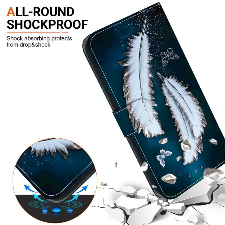 For iPhone 16e Crystal Texture Colored Drawing Leather Phone Case(White Butterfly Feathers) - iPhone 16e Cases by PMC TechLife | Online Shopping South Africa | PMC TechLife | Buy Now Pay Later Mobicred