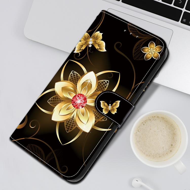 For iPhone 16e Crystal Texture Colored Drawing Leather Phone Case(Gold Flower) - iPhone 16e Cases by PMC TechLife | Online Shopping South Africa | PMC TechLife | Buy Now Pay Later Mobicred