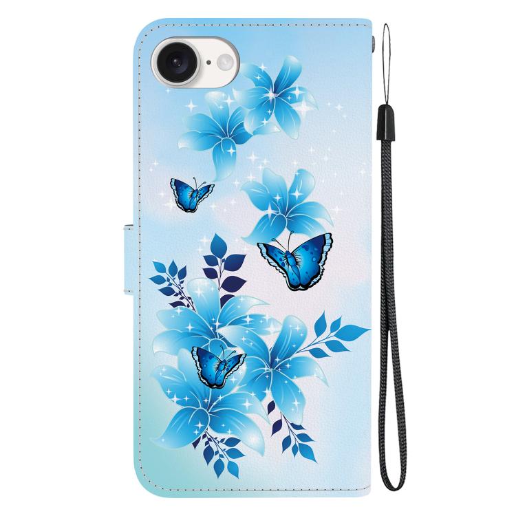For iPhone 16e Crystal Texture Colored Drawing Leather Phone Case(Blue Butterflies) - iPhone 16e Cases by PMC TechLife | Online Shopping South Africa | PMC TechLife | Buy Now Pay Later Mobicred