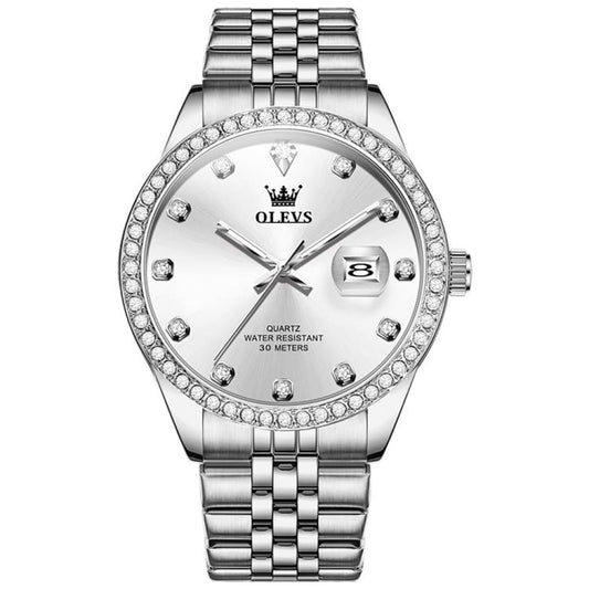 OLEVS 3629 Men Diamond Bezel Luminous Waterproof Quartz Watch(Silver) - Metal Strap Watches by OLEVS | Online Shopping South Africa | PMC Jewellery | Buy Now Pay Later Mobicred