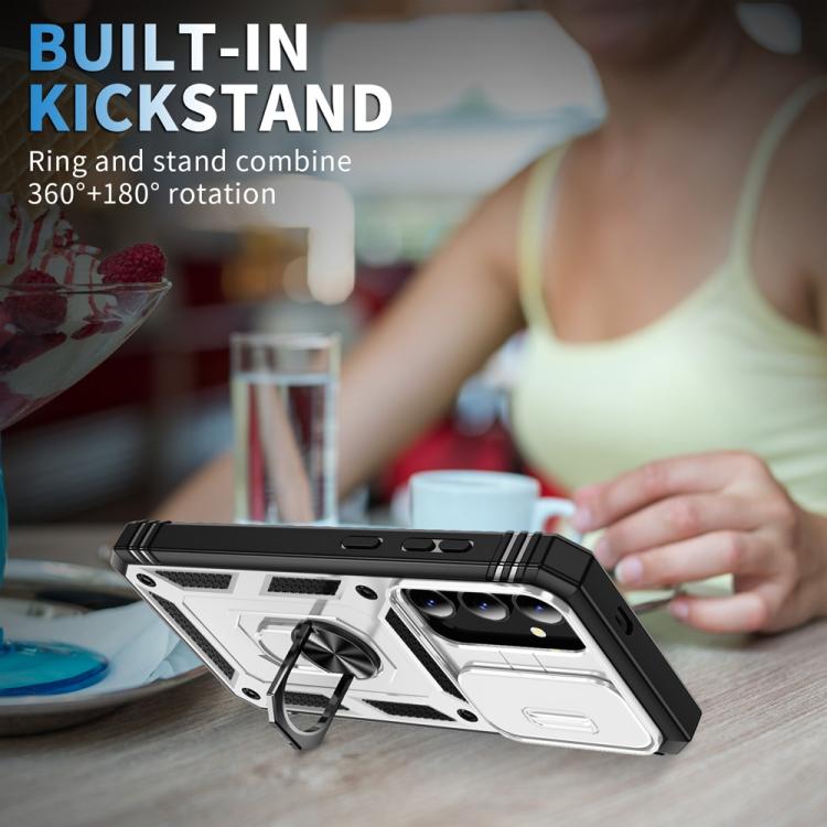 For Samsung Galaxy S25 5G Sliding Camshield TPU Hybrid PC Phone Case with Holder(White+Black) - Galaxy S25 5G Cases by PMC Jewellery | Online Shopping South Africa | PMC Jewellery | Buy Now Pay Later Mobicred