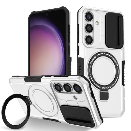 For Samsung Galaxy S25 5G Sliding Camshield MagSafe Holder TPU Hybrid PC Phone Case(Black White) - Galaxy S25 5G Cases by PMC Jewellery | Online Shopping South Africa | PMC Jewellery | Buy Now Pay Later Mobicred