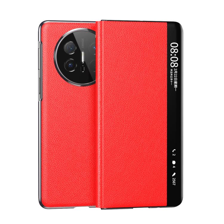 For Huawei Mate X6 Electroplating Litchi Pattern Grain Leather Smart Window MagSafe Phone Leather Case(Red) - Huawei Cases by PMC TechLife | Online Shopping South Africa | PMC TechLife | Buy Now Pay Later Mobicred