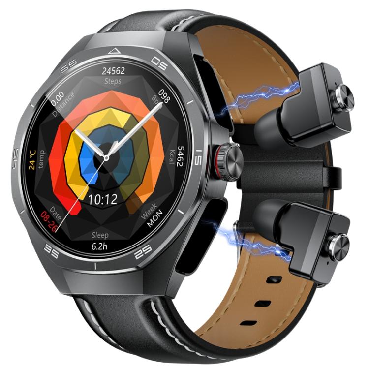 GT97 1.53 inch Round Screen 2 in 1 Bluetooth Earphone Leather Strap Smart Watch Supports Bluetooth Calls(Black) - free shipping - PMC TechLife - Order now!