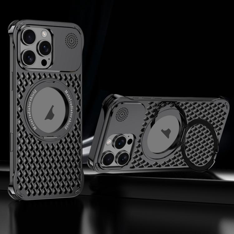 For iPhone 15 Pro Max R-JUST RJ-64 Aromatherapy Heat Dissipation MagSafe Phone Case with Stand(Black) - free shipping - PMc TechLife - Order now!