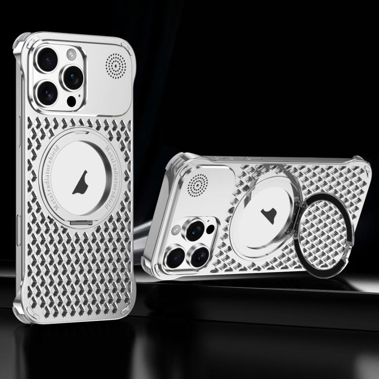 For iPhone 15 Pro R-JUST RJ-64 Aromatherapy Heat Dissipation MagSafe Phone Case with Stand(Silver) - free shipping - PMc TechLife - Order now!